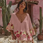 Women's Vintage Floral Art Embroidery Linen T-shirt - Image 5