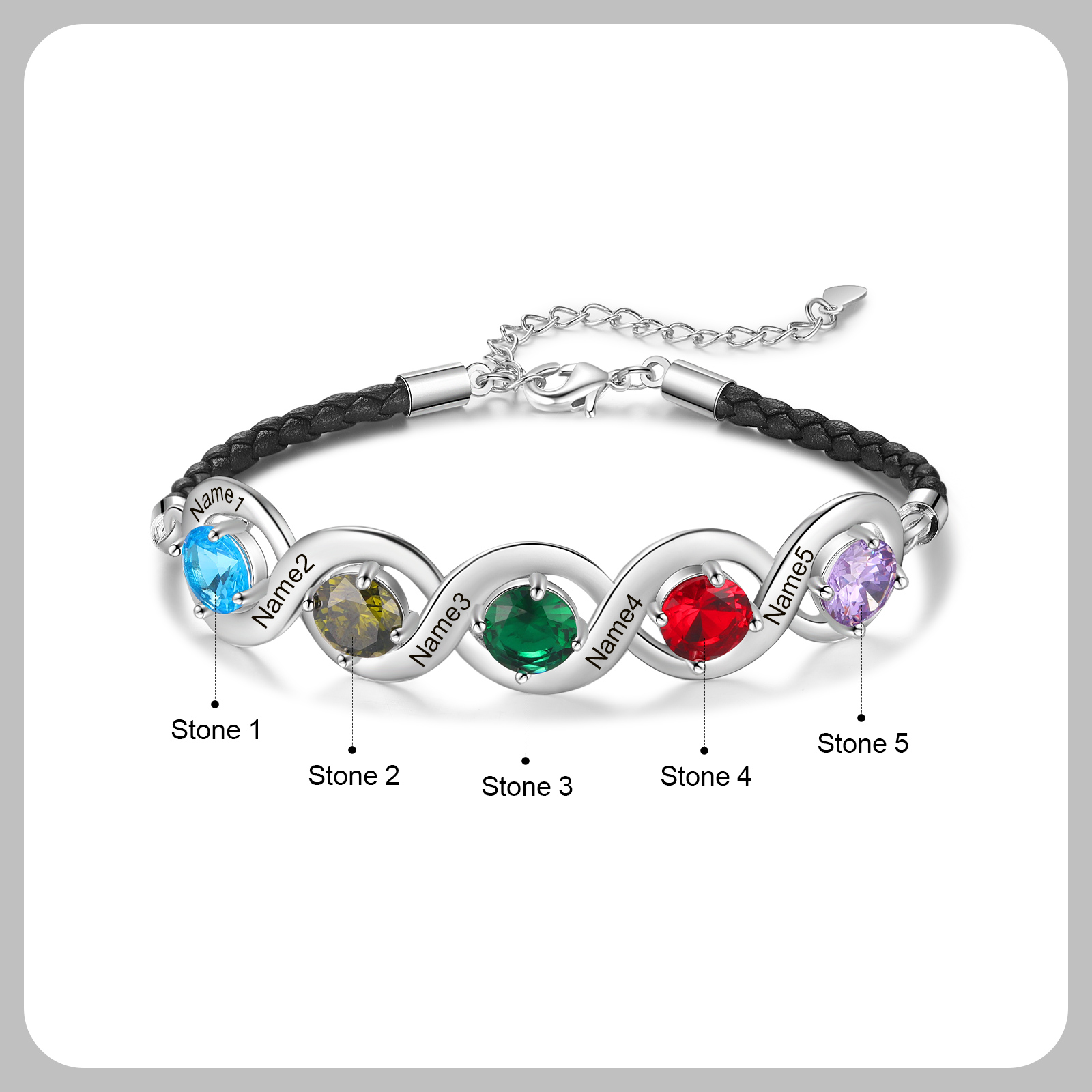 Braccialetto infinito personalizzato con 5 nomi e 5 pietre di nascita regalo per donna