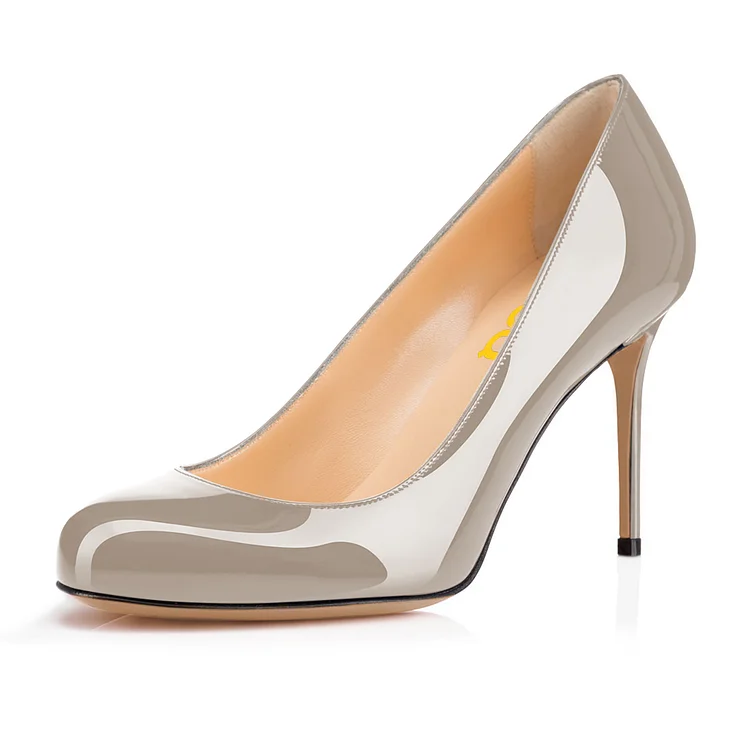 FSJ Gray Patent Leather Round Toe Stiletto Heel Pumps Shoes for Women |FSJ Shoes