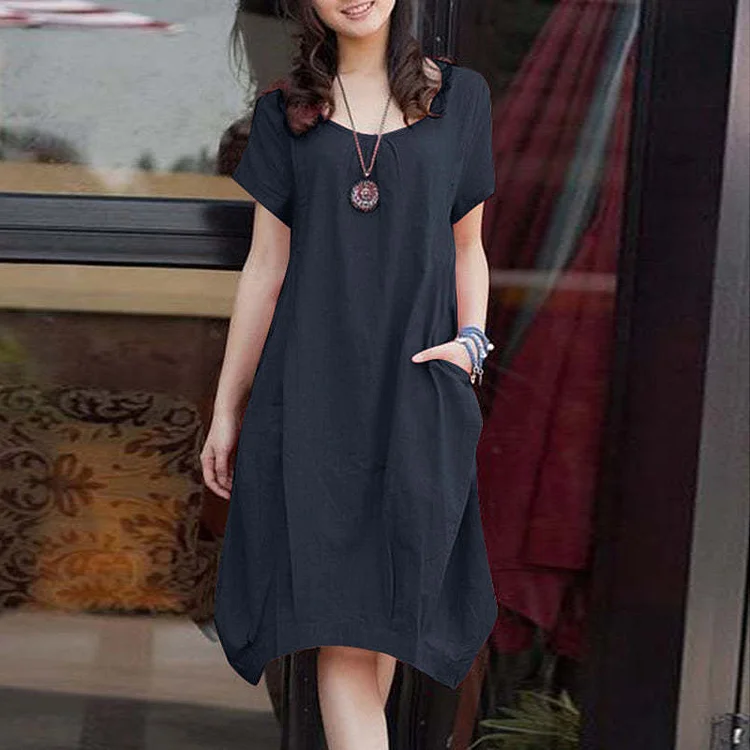Solid Color Casual Pocket Cotton Linen Midi Dress