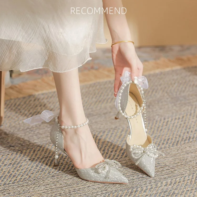 Zhungei Wedding Pumps Shoes Women Pumps Crystal Bowknot Satin Sandals 2023 Summer Transparent Shoes High Heels Party Prom Shoes