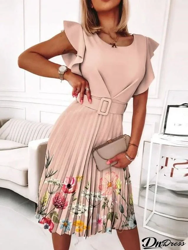 Work Dress Floral Dress Midi Dress Black Pink Blue Short Sleeve Floral Ruched Spring Summer Crew Neck Elegant S M L XL XXL for Women