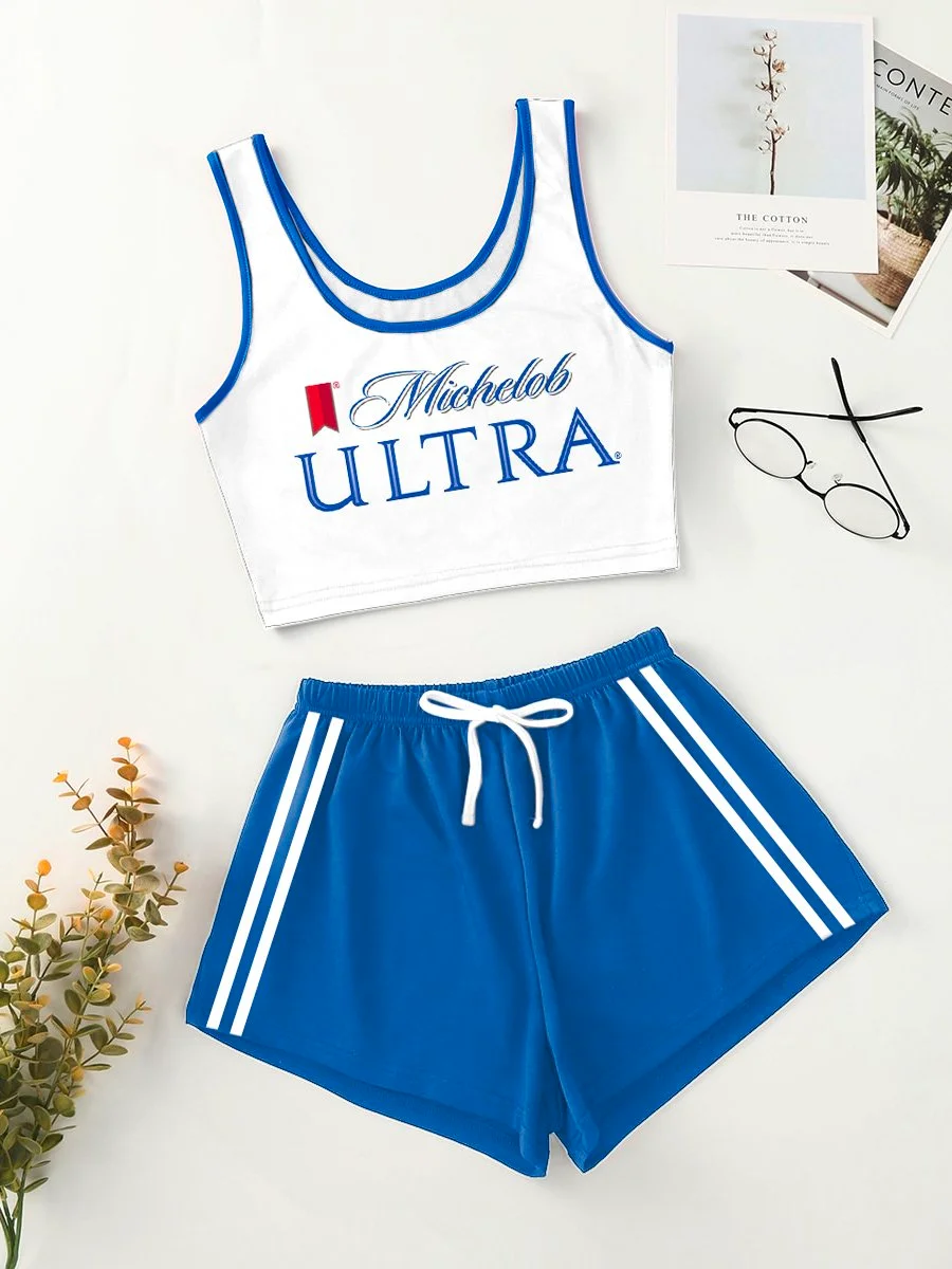Sports Blue and White Contrasting Color Printing Two-piece Set