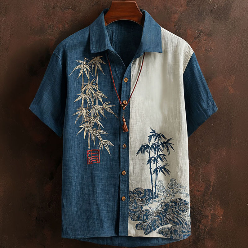 Men's Retro Japanese Bamboo Pattern Color Block Short-sleeve Shirt elevenforest