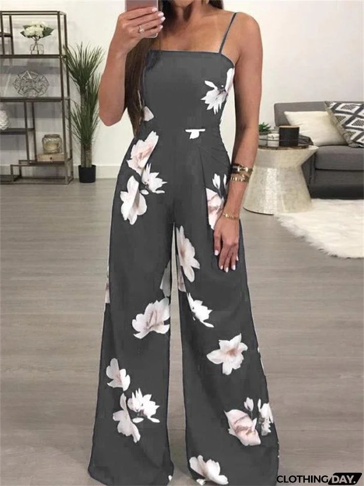 Summer Printed Open Back Sleeveless Strappy Wide-Leg Jumpsuit