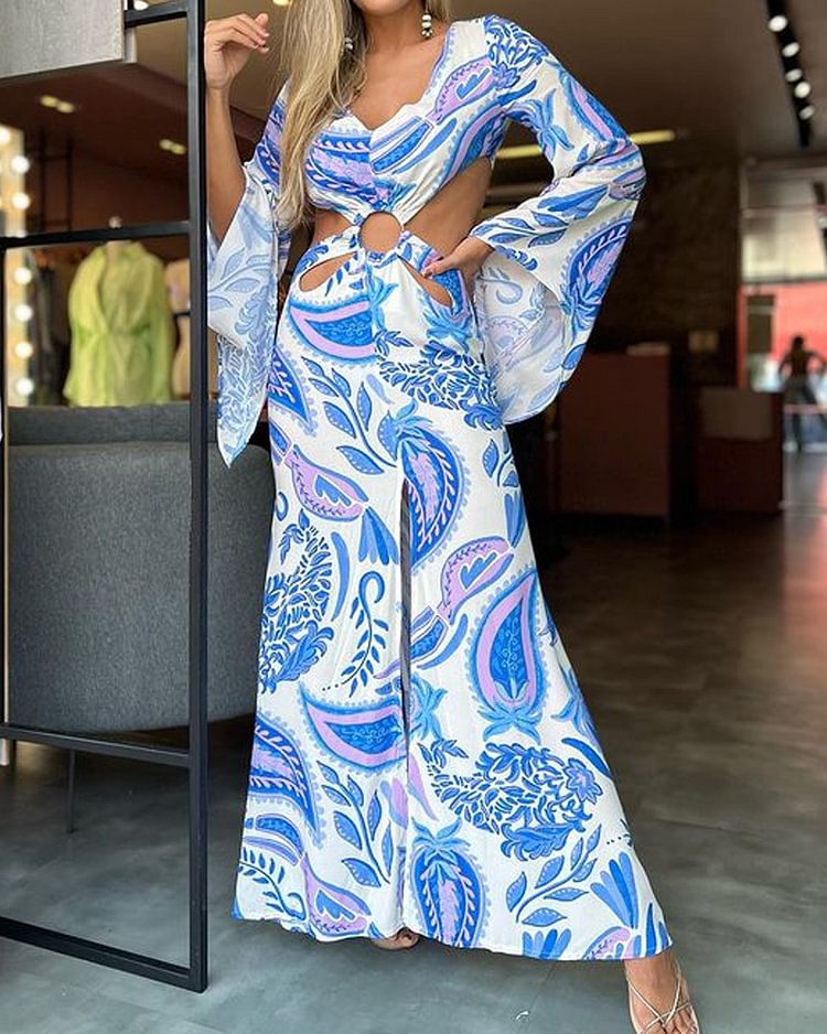 Casual V-neck Hollow Trumpet Sleeve Printed Dress
