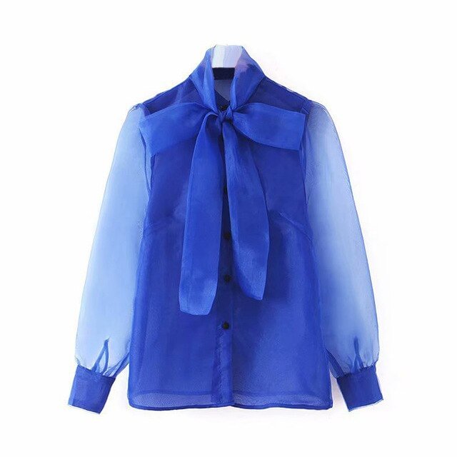 Chic Bow Collar Women Solid Blouse Elegant Organza Top Long Sleeve Stylish Blue Transparent Shirt Female Button Blouse Tunic