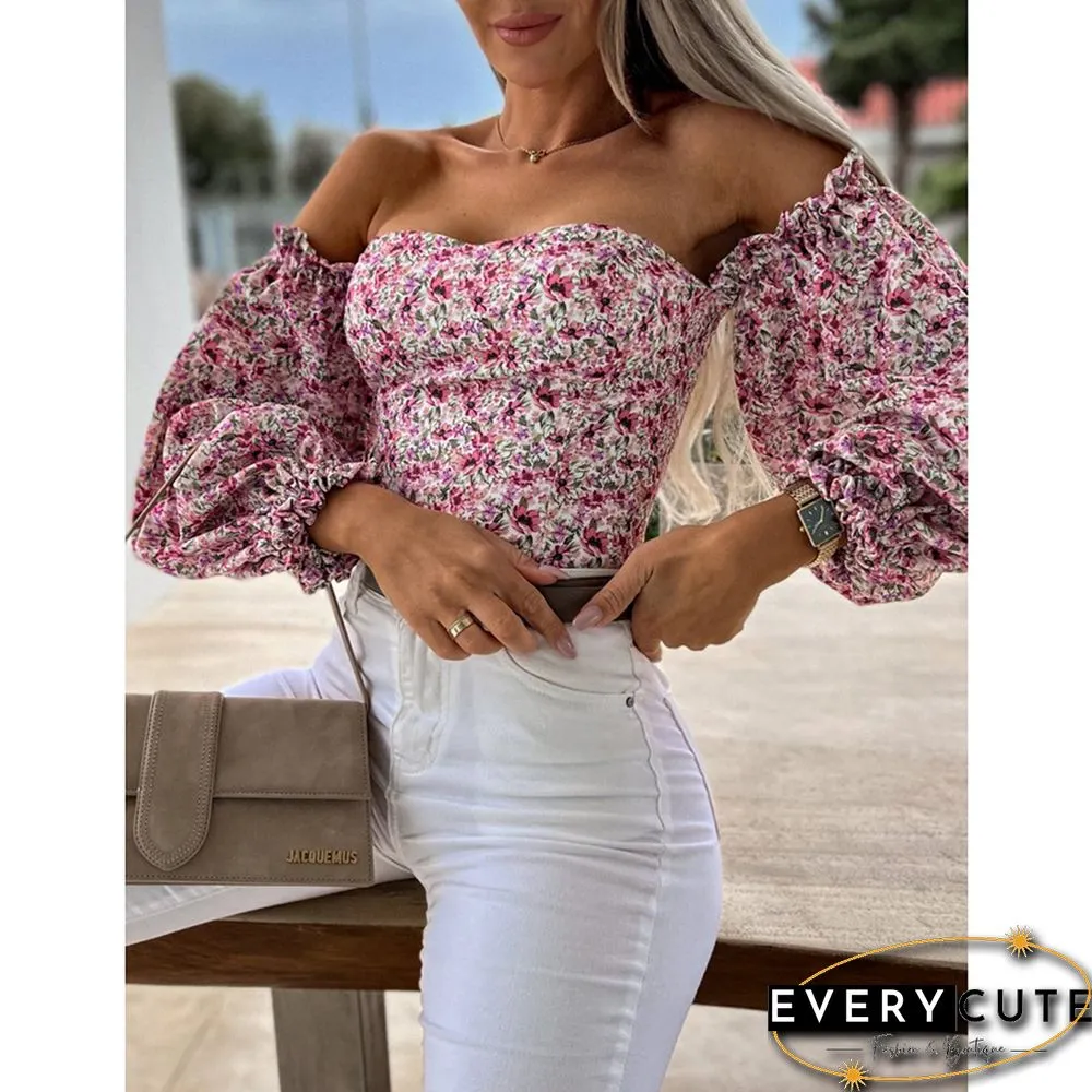Floral Print Off Shoulder Puff Sleeves Tops