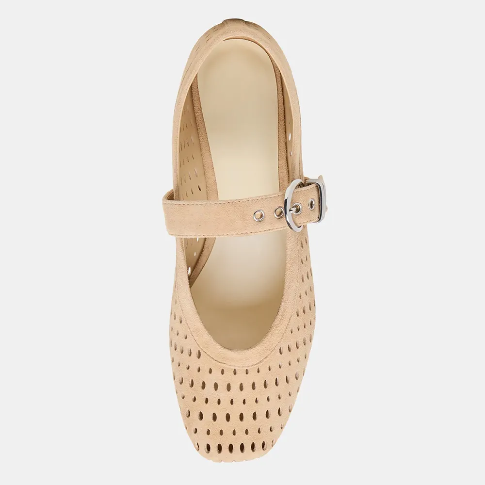 Beige Square Toe Perforated Buckled Flat Mary Jane Shoes for Women
