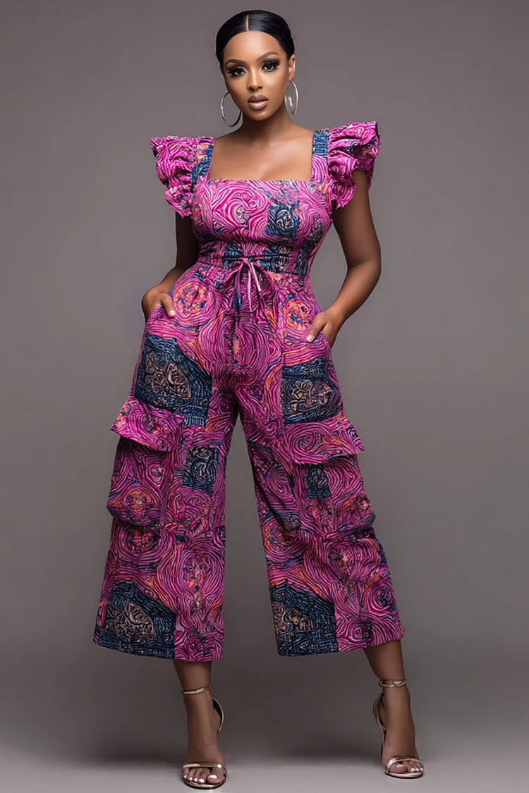 Xpluswear Design Plus Size Business Casual Purple Ankara Square Neck Flutter Sleeve Short Sleeve Cargo Wrap Jumpsuits [Pre-Order] 2024 - Xpluswear