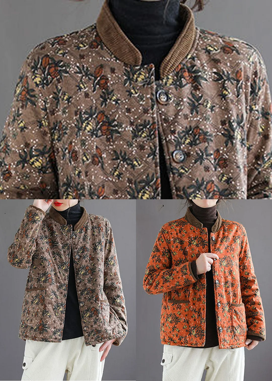 Coffee Print Warm Fleece Puffers Jackets Stand Collar Winter