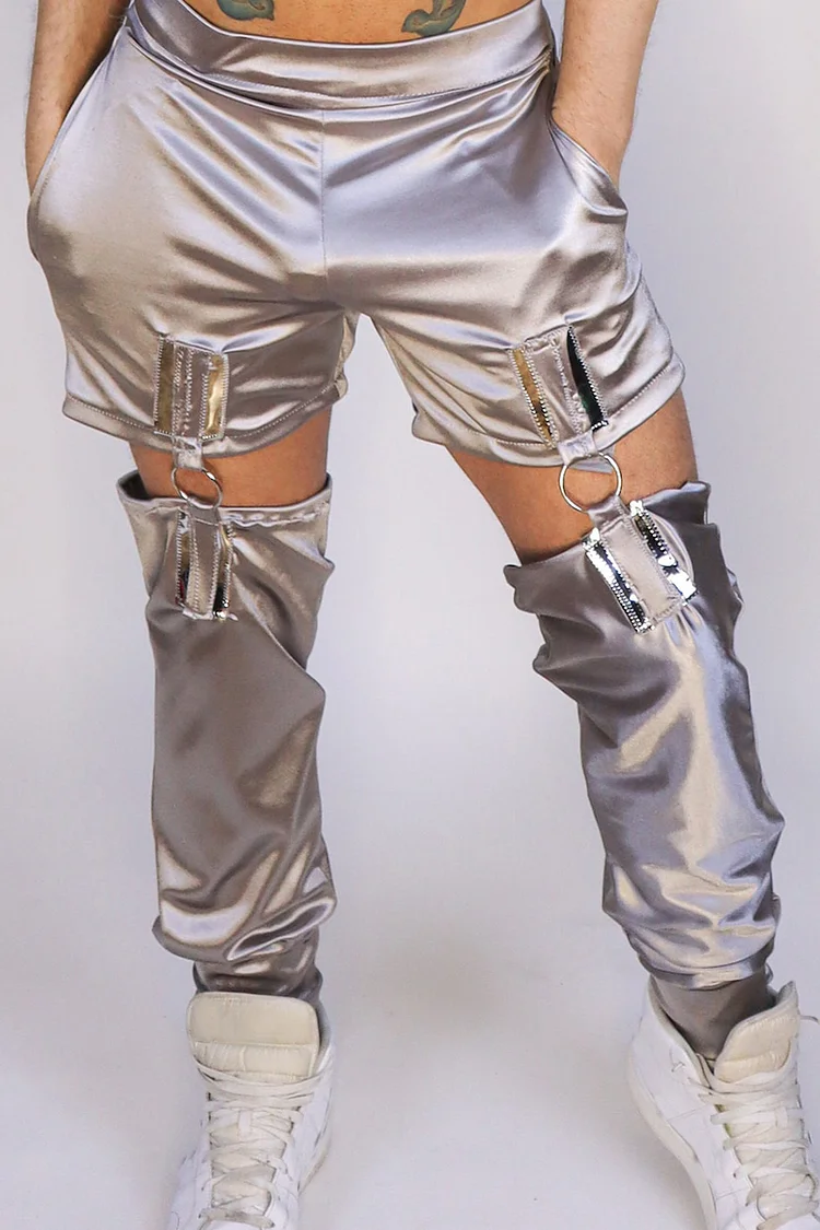 Satin Patchwork Casual Detachable Silver Pants