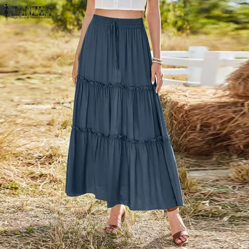 Brownm Elastic Waist Solid Party Holiday Skirt ZANZEA Elegant Women Ruffles Long Skirts Vintage A-line Work Jupe Faldas Saia 7 413-1