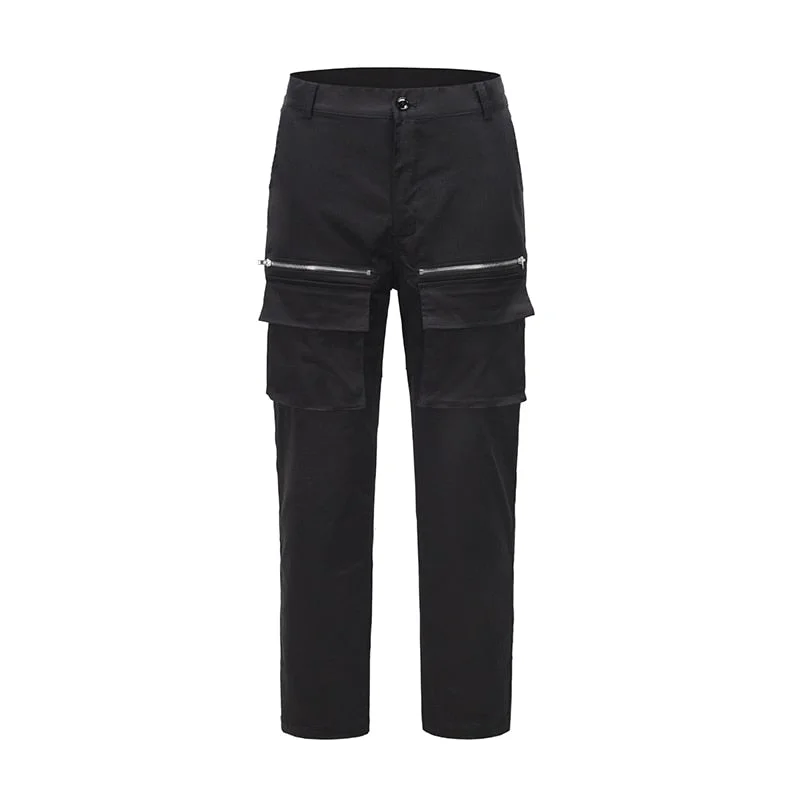Back Ankle Zipper Pockets Cargo Pants for Mens High Street Drawstring Straight Black Overalls Oversize Loose Casual Trousers