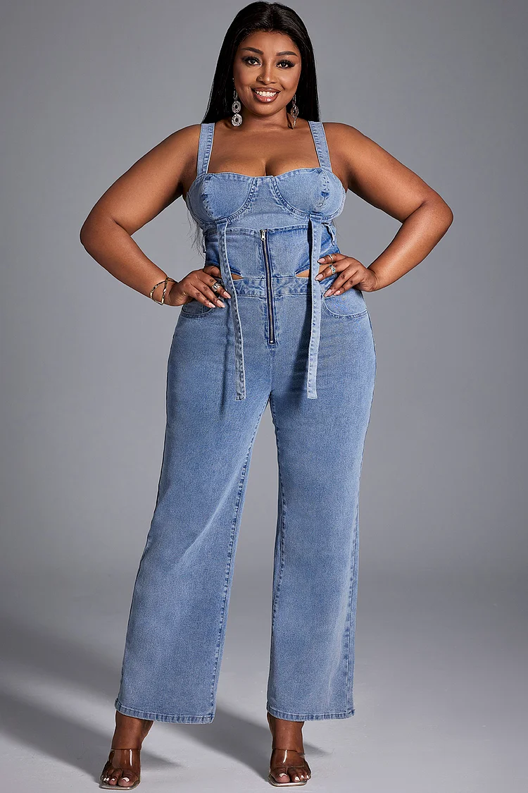 Xpluswear Design Plus Size Daily Jean Set Light Blue Sleeveless Cut Out Denim Two Piece Jean Set [Pre-Order]