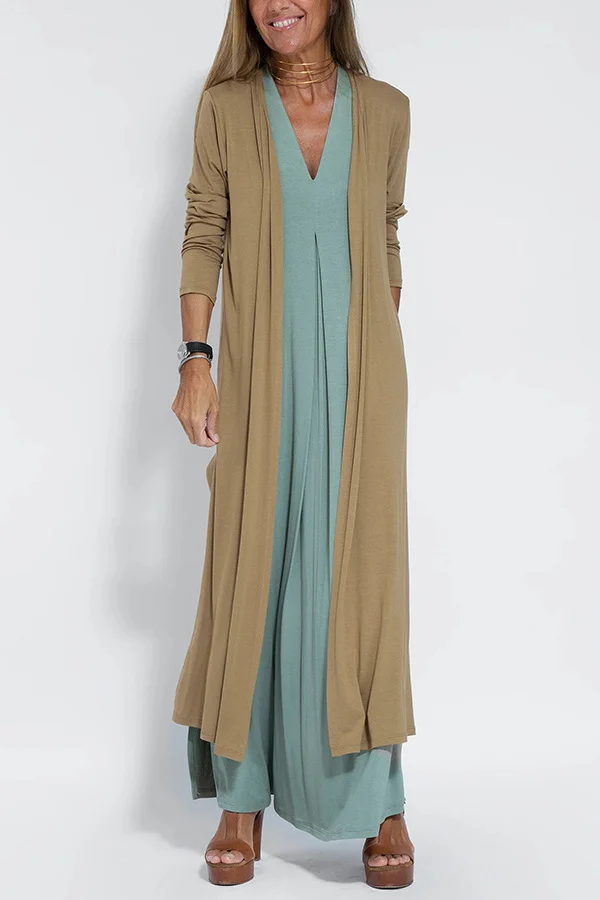 Vintage Solid Color Long Sleeve Outwear and Maxi Dress - yankia