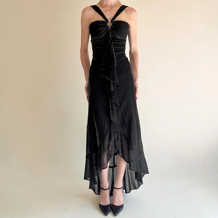 Black Ruffled Long Chiffon Prom Dress Graduation Dress