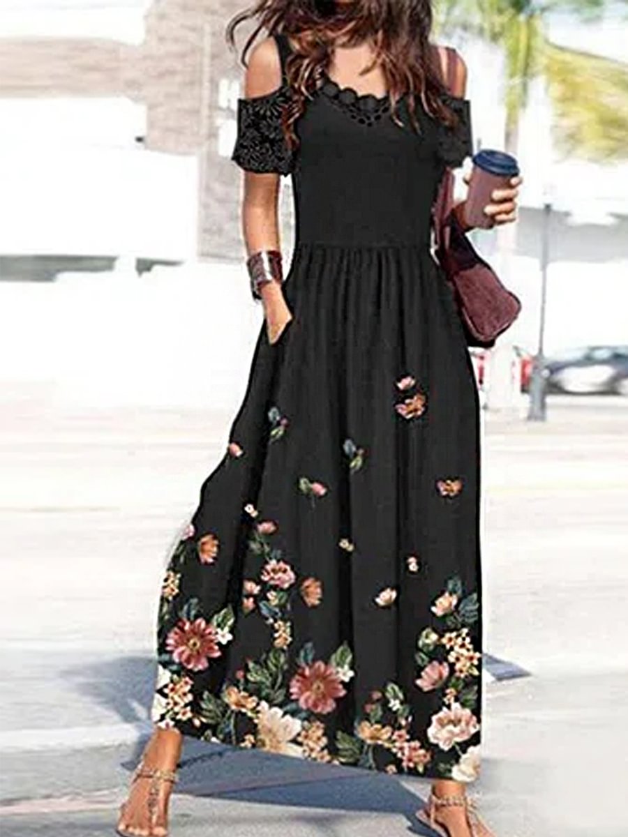 Casual Floral Print Off The Shoulder Short Sleeves V Neck Maxi Dress