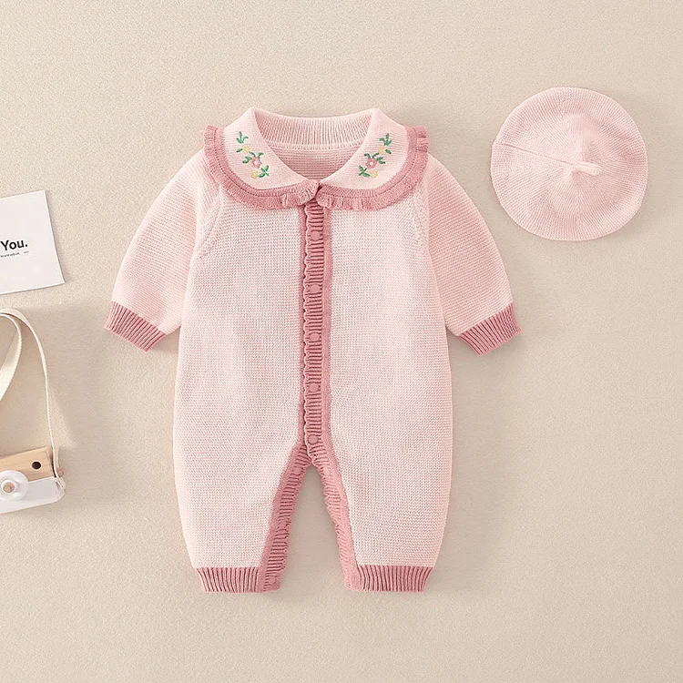  Baby Pink Floral Lace Collar Romper with Hat