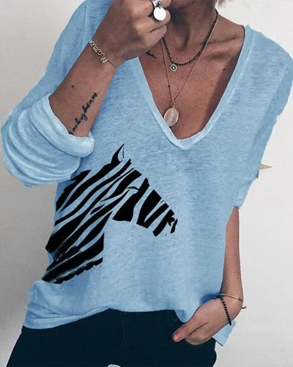 Women Zebra Print V Neck Polyester T-Shirts