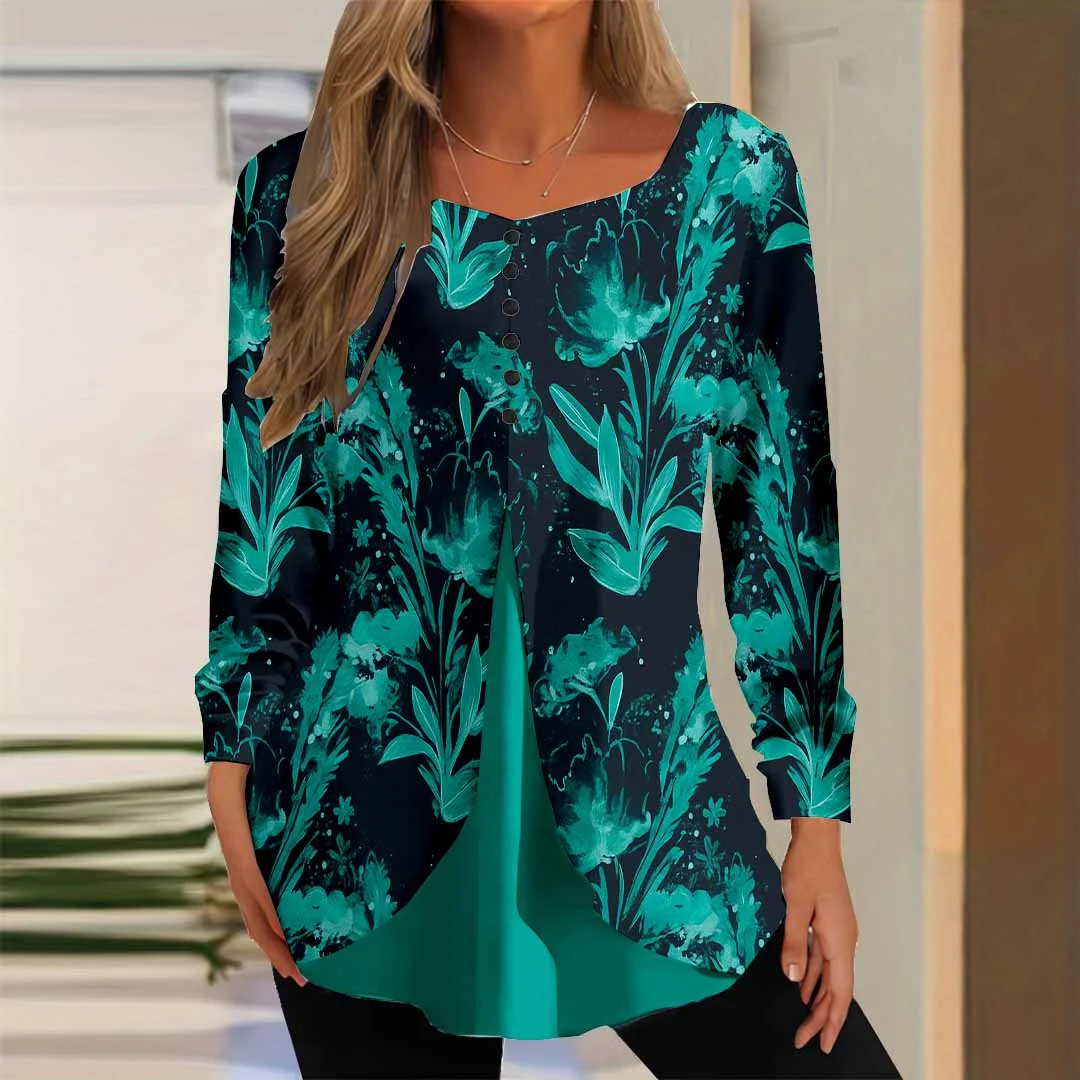 Women Floral,Green DZGG8311 Long Sleeve Scoop Neck Printed Graphic Button Fake 2in1 Tops