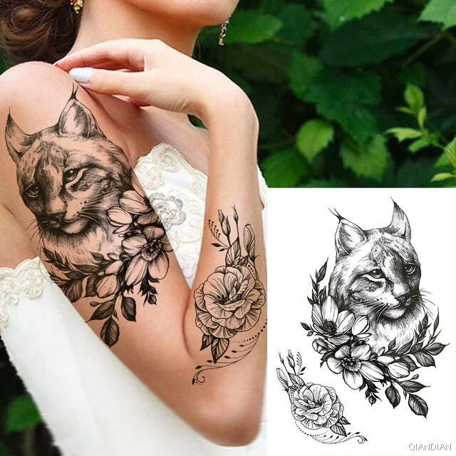 Large Tiger Lion Black Flower Fake Tattoo Sticker For Women Rose Fox BirdTemporary Tattoos DIY 3D Water Transfer Tatoos Girl Man