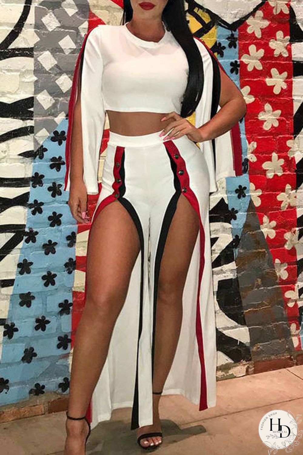 White Sexy Striped Print Split Joint Buttons Slit Asymmetrical O Neck Long Sleeve Two Pieces