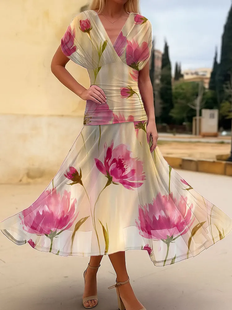 Women's Vintage Flower Art Print Flowy Casual Dress