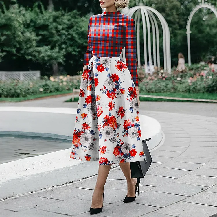 Elegant Check Paneled Floral Print Midi Dress