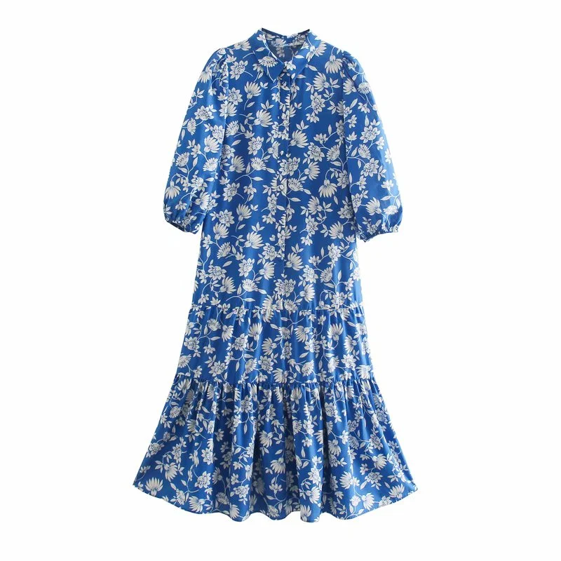 Zevity Women Vintage Lantern Sleeve Floral Print Hem Pleat Ruffles Shirt Dress Female Chic Breasted Casual Slim Vestidos DS8176