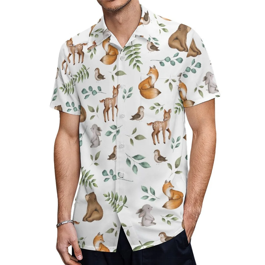 Forest Woodland Animals Botanical Hawaiian Shirt Mens Button Down Plus Size Tropical Hawaii Beach Shirts