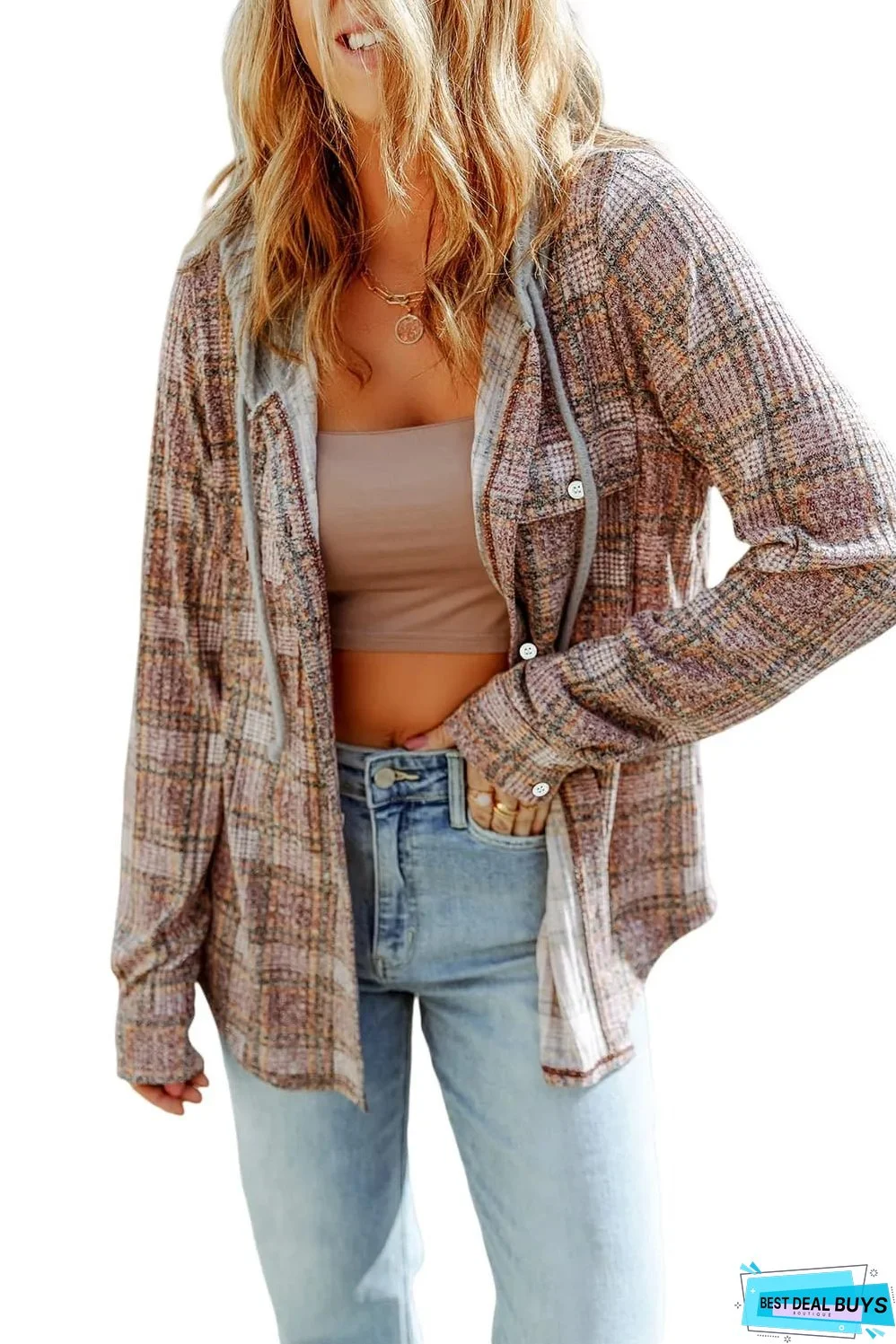 Purple Plaid Contrast Hooded Drawstring Shacket