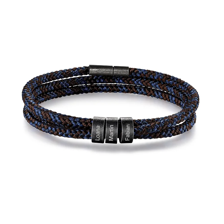 Pulsera de triple cuerda azul y marrón con 3 aros 3 nombres personalizados pulsera de hombre 