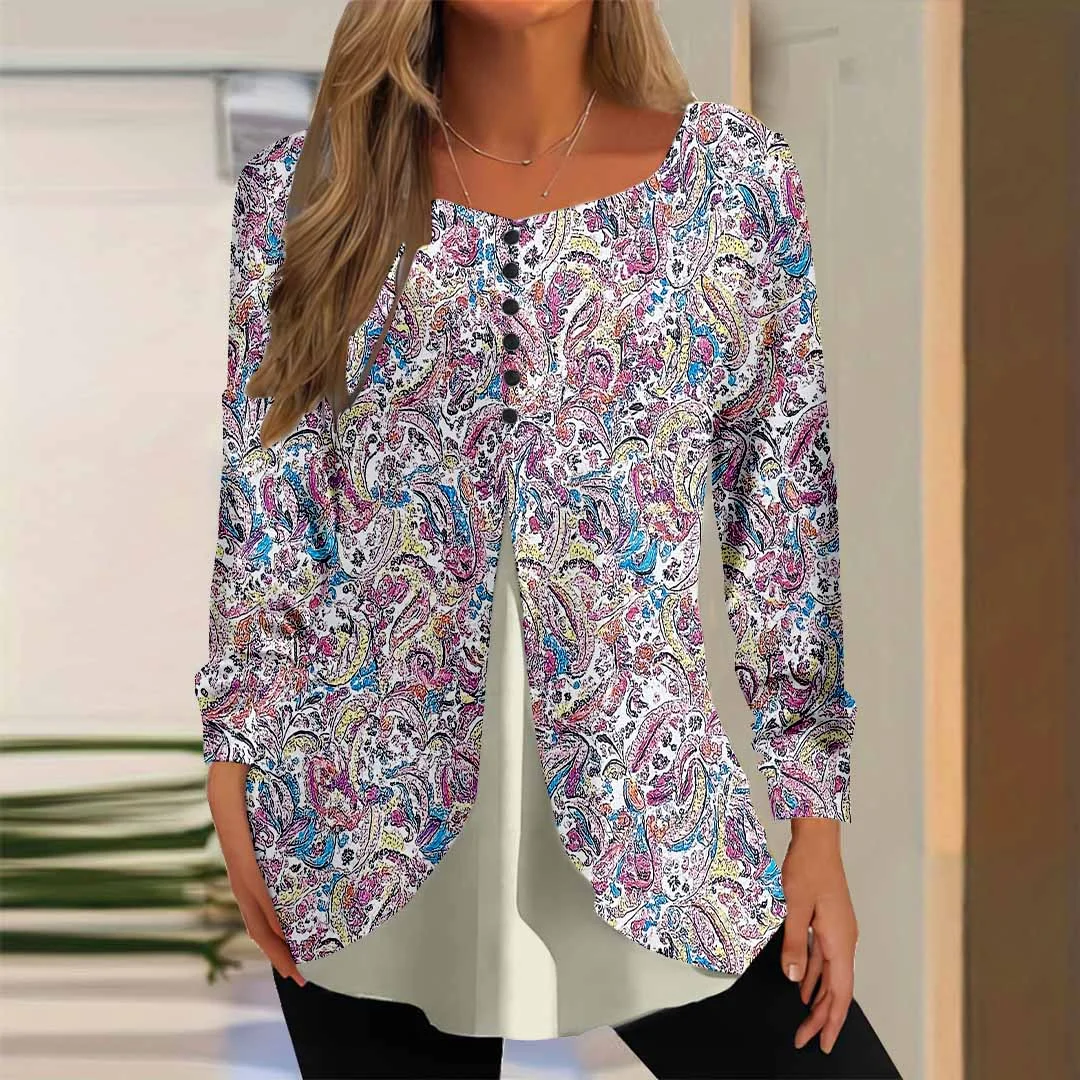 Women Graphic,Purple DZGG8288 Long Sleeve Scoop Neck Printed Graphic Button Fake 2in1 Tops