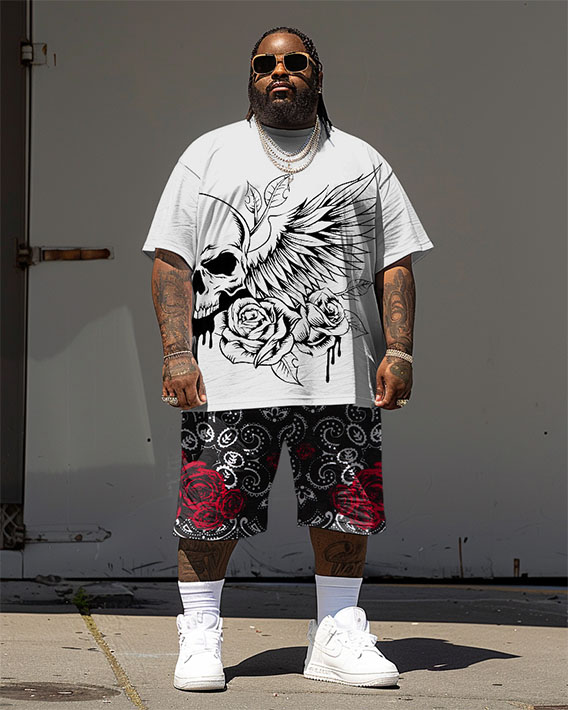 Men's Plus Size Street Hip Hop Rose Wings Skull Print T-Shirt Shorts Suit
