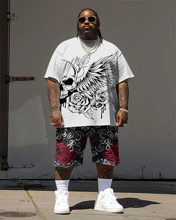 Men's Plus Size Street Hip Hop Rose Wings Skull Print T-Shirt Shorts Suit