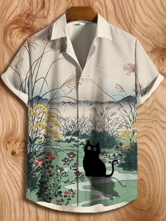 Men's Black Cat Field Scenery Print Button Down Short Sleeve Shirt