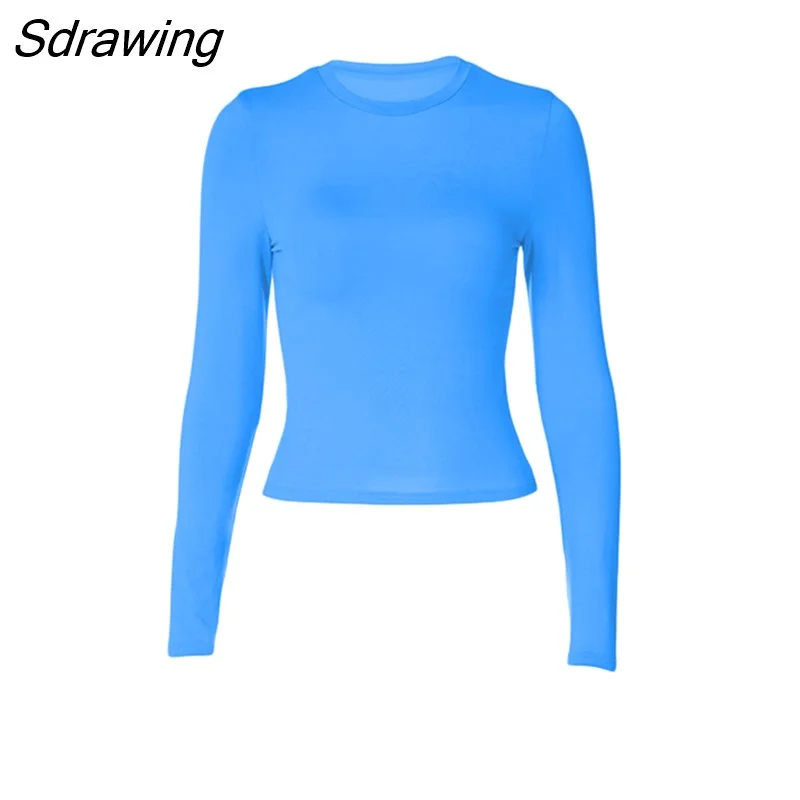 Sdrawing Women's Basic Long Sleeve Crop Top Solid Color Crew Neck Cozy Stretchy Slim Fitted Cropped T Shirts Pullover Streetwear
