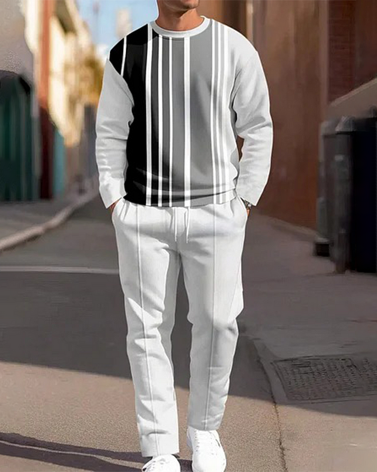 Men's Simple Colorblock Round Neck Casual Sports Set 0171