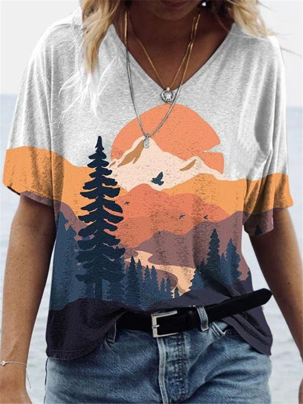 Forest Sunset Printed V-Neck Tee