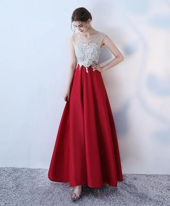 Burgundy Lace Satin Long Prom Dress, Burgundy Evening Dress