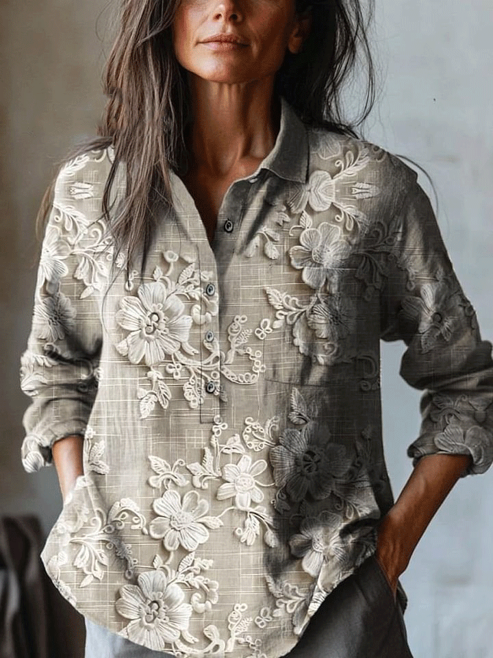 Women's Vintage Lovely Floral Art Print Casual Cotton And Linen Shirt
