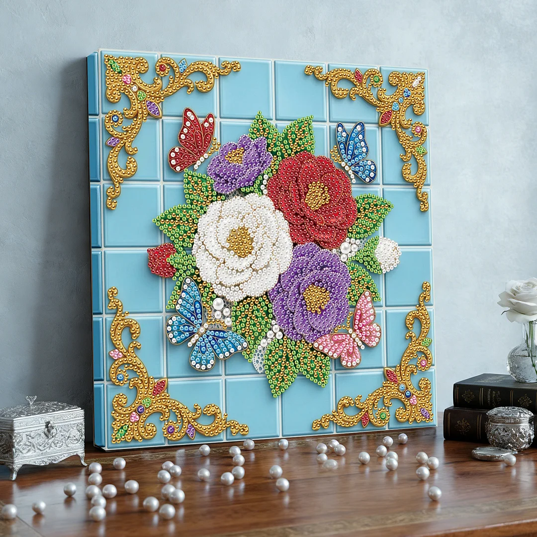 Butterfly Flowers - DIY Pearl Diamond Art Kit With Frame 25*25cm