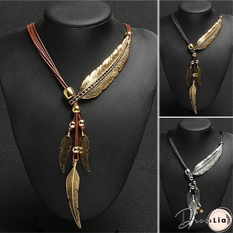 Fashion New Gold Color Boho Style Rope Chain Leaf Feather Pattern Pendant Ladies High Jewelry Choker Personality Necklace