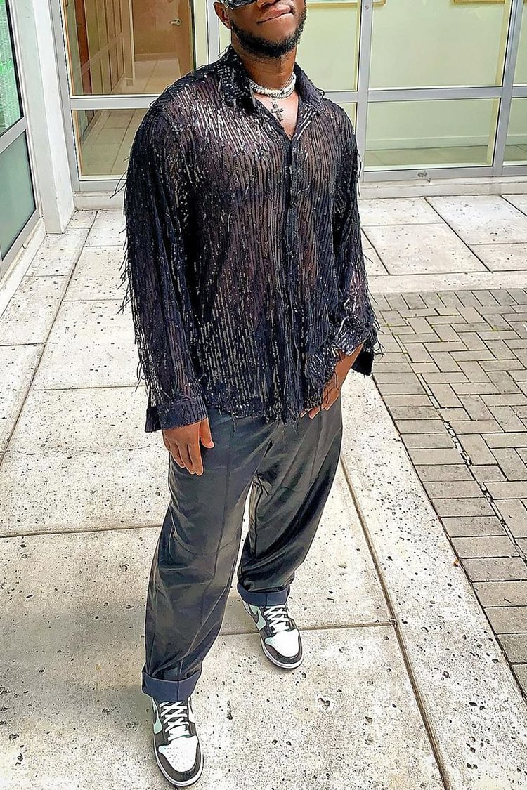 Sequin Fringe See-Through Turndown Collar Long Sleeve Shirt [Pre-Order]