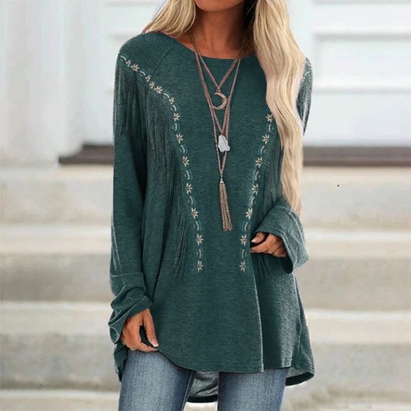 Western Ethnic Tassel Print Long Sleeve Tunic