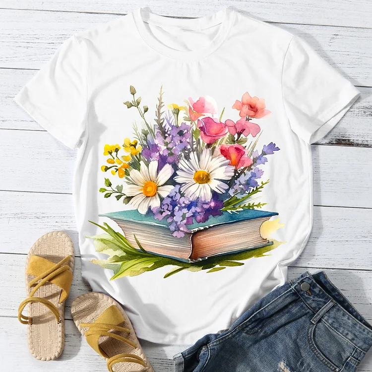 Flowers With Book Women's Casual T-Shirt -BSTC1618