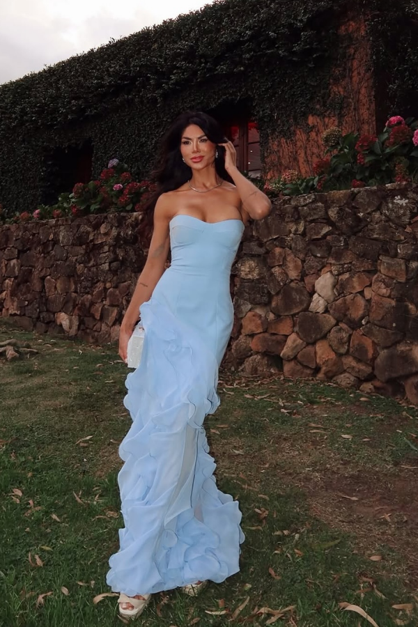 Blue Fashion Summer Satin Chiffon Stitching Ruffles Prom Dress ZT0796