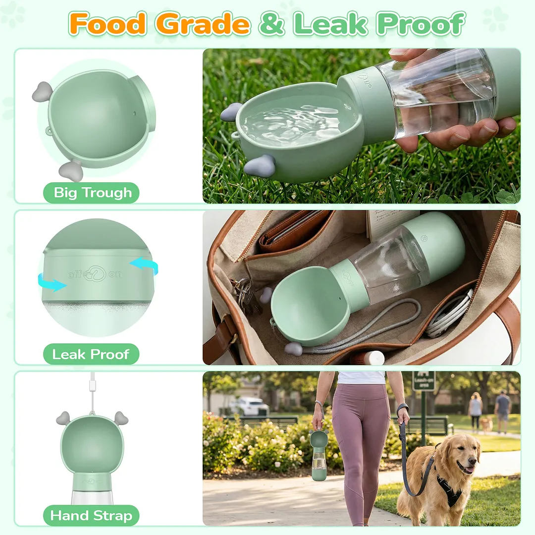 BEBANG Dog Water Bottle with Food Container, Leak-Proof Portable Pet Travel Water Cup, BPA-Free, 11.8oz/350ml Capacity for Dogs & Cats (Green)