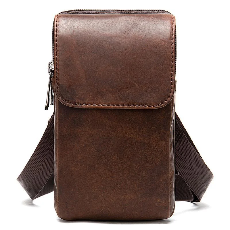 Men's Casual Cowhide Leather Double Zippers Crossbody Packs Waist Bag